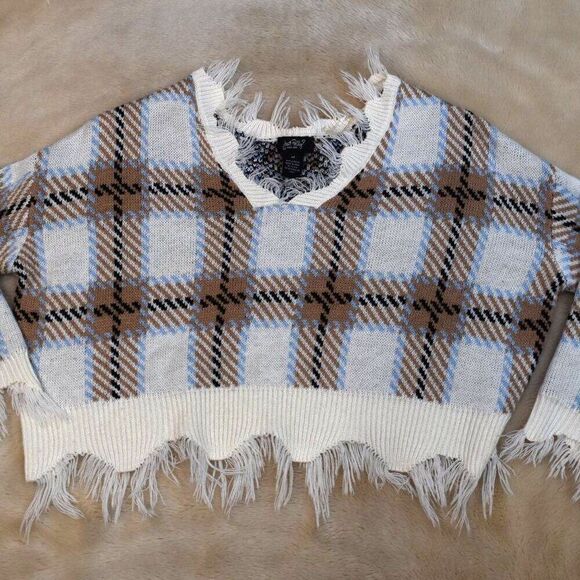 Just Polly Plaid Cropped Sweater Sz M Oversized Boxy Knit V-Neck Grunge Top - Picture 4 of 10
